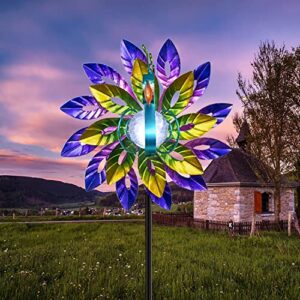 peacock solar wind spinner garden yard decor, outdoor decorative metal wind sculpture with cracked glass ball, waterproof art windmill landscape stake light for lawn patio pathway yard courtyard decor