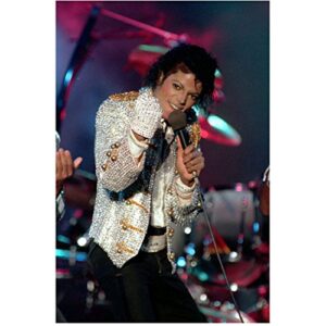 michael jackson 8 inch x 10 inch photograph singer thriller glittering silver jacket w/matching right glove making fist kn