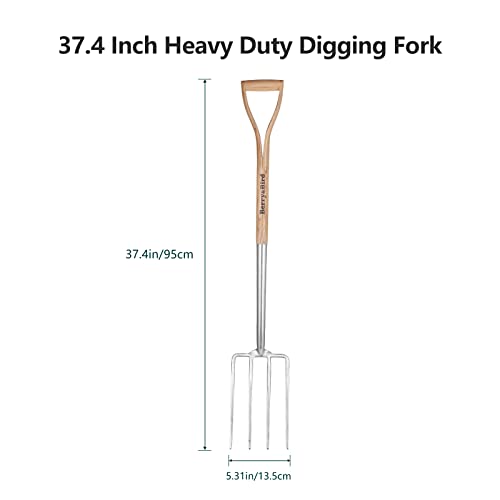 Berry&Bird Garden Digging Fork, 37.4" Stainless Steel Garden Spading Fork with D-Grip Handle, 4-Tine Heavy Duty Long Handled Pitchfork with Ash Wood Handle for Digging, Planting, Aerating, Cultivating