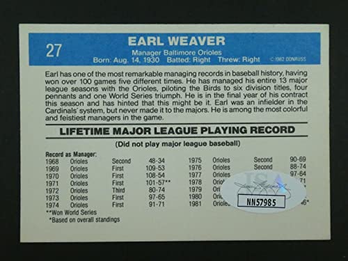 Earl Weaver Signed Baseball Card with JSA COA