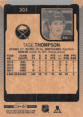 2021-22 O-Pee-Chee #303 Tage Thompson Buffalo Sabres Official NHL Hockey Card From Upper Deck in Raw (NM or Better) Condition