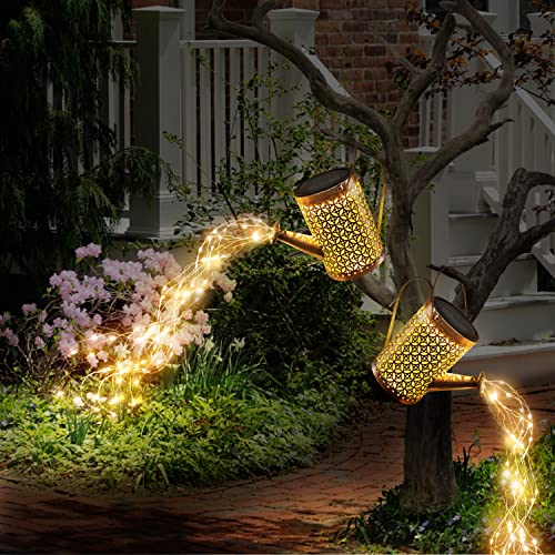 Solar Watering Can with Lights, Bigger Garden Decor, Solar Lantern Outdoor Hanging Waterproof Garden Lights for Outside, Decorative Retro Metal Waterfall Lights Solar Powered for Patio Yard Decoration