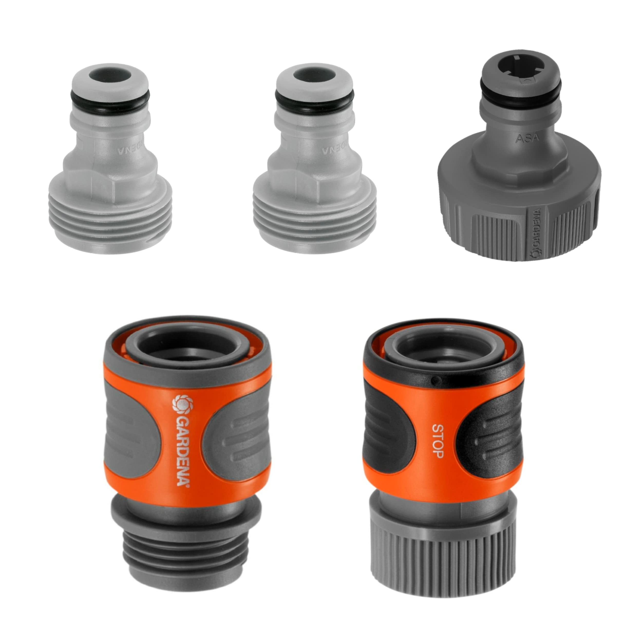 GARDENA 36004 5 Piece Quick Connector Starter Set, For any 5/8 Inch or 1/2 Inch Garden Hose, Sprinkler or Spray Nozzle, Made In Germany