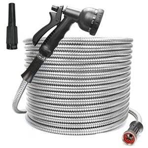 flantor garden hose 304 stainless steel water hose, 75ft heavy duty metal garden hose expandable leak and fray resistant design garden hose with 8-pattern spray nozzle collapsible hose (75ft)