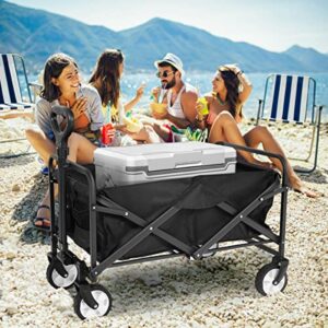 Collapsible Folding Wagon, Heavy Duty Utility Beach Wagon Cart with Side Pocket, Large Capacity Foldable Grocery Wagon for Garden Sports Outdoor Use