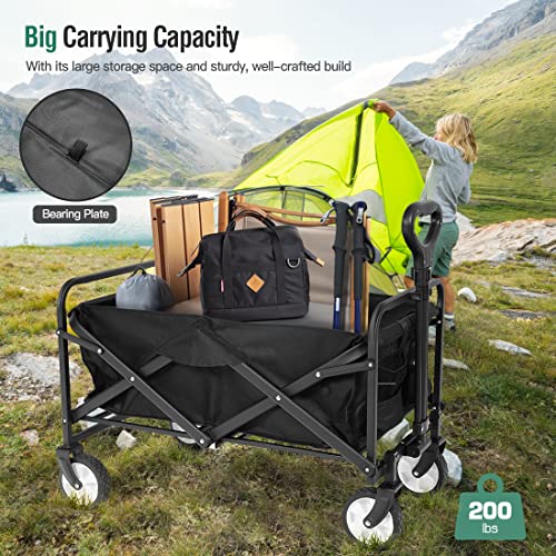 Collapsible Folding Wagon, Heavy Duty Utility Beach Wagon Cart with Side Pocket, Large Capacity Foldable Grocery Wagon for Garden Sports Outdoor Use