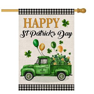 happy st patrick’s day house flag 28 x 40 double sided,buffalo plaid truck with shamrock balloons yard flags for outdoor,holiday decorative house flag,seasonal decor for farmhouse