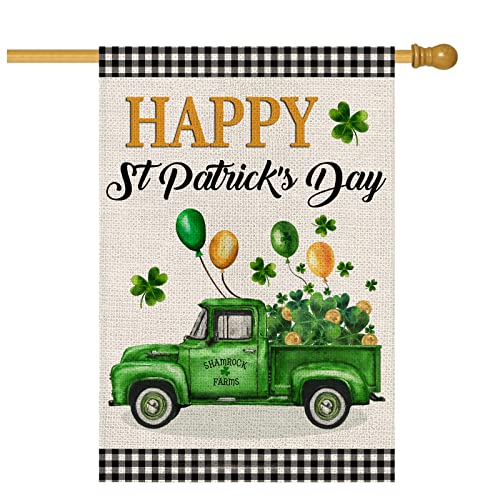 Happy St Patrick's Day House Flag 28 x 40 Double Sided,Buffalo Plaid Truck with Shamrock Balloons Yard Flags for Outdoor,Holiday Decorative House Flag,Seasonal Decor for Farmhouse