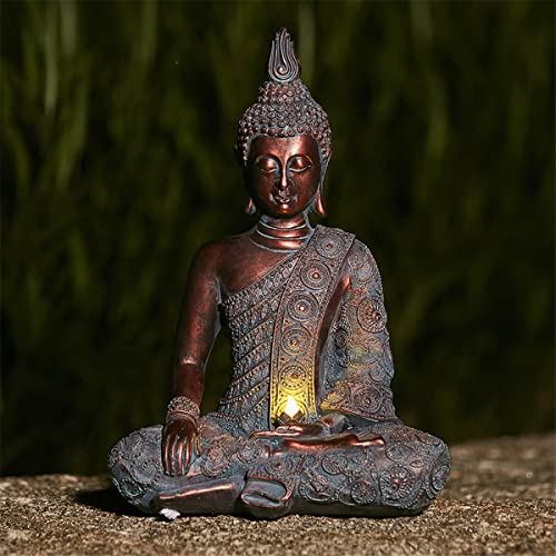 CHRUI Solar Outdoor Buddha Statue, 13 Inch Antique Thai Shakyamuni Sitting Statue Resin- Home & Outdoor Decor for Garden, Patio, Deck, Porch - Yard Art Decoration