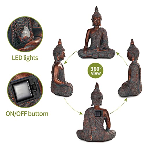 CHRUI Solar Outdoor Buddha Statue, 13 Inch Antique Thai Shakyamuni Sitting Statue Resin- Home & Outdoor Decor for Garden, Patio, Deck, Porch - Yard Art Decoration