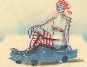 nude santa elf seated on a blue station wagon