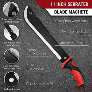 11 Inch Serrated Blade Machete with Nylon Sheath - Saw Blade Machetes with Non-Slip Rubber Handle - Best Brush Clearing Tool Grand Way 111084