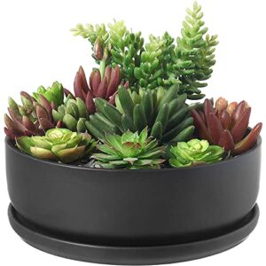 mygift 8 inch black ceramic indoor plant pot with drainage hole, decorative flower succulent planter bowl with removable saucer