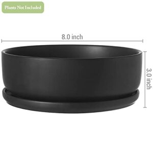 MyGift 8 Inch Black Ceramic Indoor Plant Pot with Drainage Hole, Decorative Flower Succulent Planter Bowl with Removable Saucer