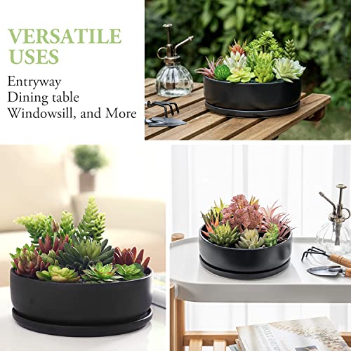 MyGift 8 Inch Black Ceramic Indoor Plant Pot with Drainage Hole, Decorative Flower Succulent Planter Bowl with Removable Saucer