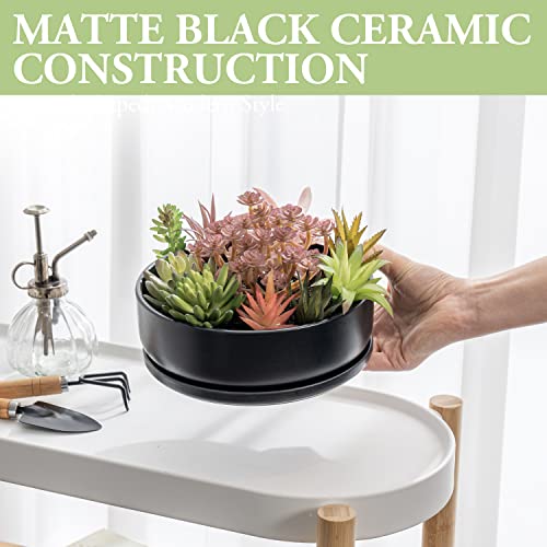 MyGift 8 Inch Black Ceramic Indoor Plant Pot with Drainage Hole, Decorative Flower Succulent Planter Bowl with Removable Saucer