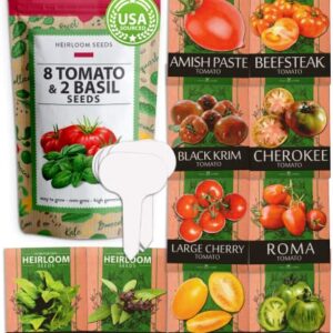 Heirloom Tomato Seeds for Planting (10pk) w/Basil Seeds | 100% Non-GMO Tomatoes: Cherry, Roma, Beefsteak, Zebra, Yellow Plum, Amish Paste, Cherokee, Krim, Italian Basil, Thai Basil Seed