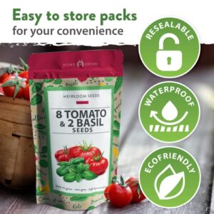 Heirloom Tomato Seeds for Planting (10pk) w/Basil Seeds | 100% Non-GMO Tomatoes: Cherry, Roma, Beefsteak, Zebra, Yellow Plum, Amish Paste, Cherokee, Krim, Italian Basil, Thai Basil Seed