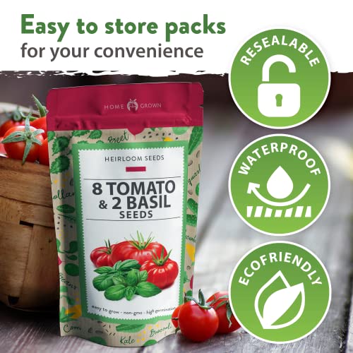 Heirloom Tomato Seeds for Planting (10pk) w/Basil Seeds | 100% Non-GMO Tomatoes: Cherry, Roma, Beefsteak, Zebra, Yellow Plum, Amish Paste, Cherokee, Krim, Italian Basil, Thai Basil Seed