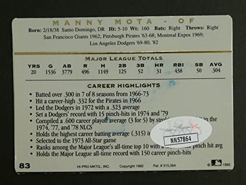 Manny Mota Signed Baseball Card with JSA COA