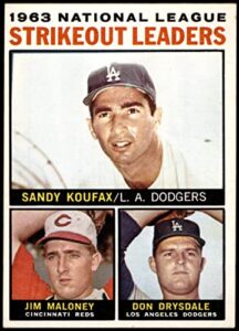 1964 topps # 5 nl strikeout leaders sandy koufax / jim maloney / don drysdale dodgers / reds (baseball card) dean’s cards 5 – ex dodgers / reds