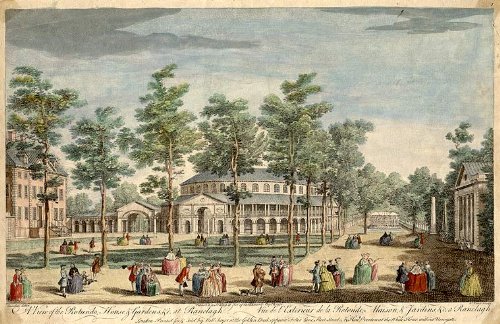 A View of the Rotunda House & Gardens, c. at Ranelagh: Vⁿe de l'Exterieur de la Rotonde, Maison, Jardins, c. a Ranelagh