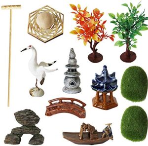 japanese zen garden accessories kit – japan miniature fairy garden set for micro landscape terrarium decoration tabletop meditation rock zen gifts zen tool rake pagoda stamp bonsai tress