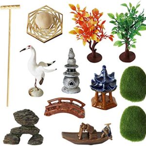 Japanese Zen Garden Accessories Kit - Japan Miniature Fairy Garden Set for Micro Landscape Terrarium Decoration Tabletop Meditation Rock Zen Gifts Zen Tool Rake Pagoda Stamp Bonsai Tress