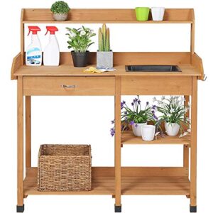 topeakmart 45.2×17.7×47.6” (lxwxh) potting benches outdoor garden potting table work bench with removable sink drawer rack shelves work station, wood
