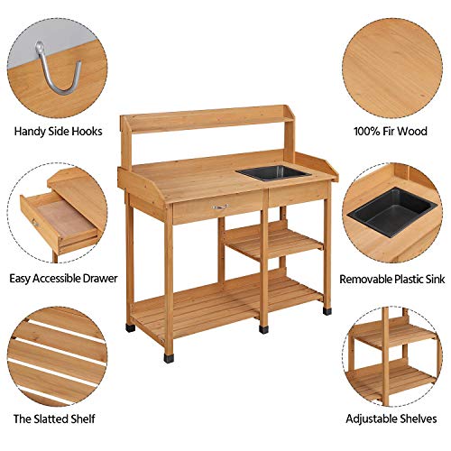 Topeakmart 45.2x17.7x47.6'' (LxWxH) Potting Benches Outdoor Garden Potting Table Work Bench with Removable Sink Drawer Rack Shelves Work Station, Wood