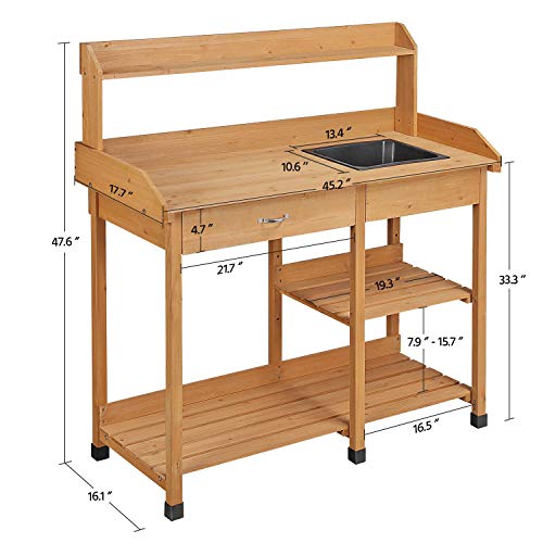 Topeakmart 45.2x17.7x47.6'' (LxWxH) Potting Benches Outdoor Garden Potting Table Work Bench with Removable Sink Drawer Rack Shelves Work Station, Wood