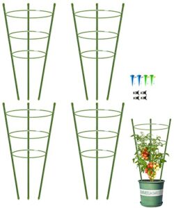 4 pack garden plant support tomato cage, upgrade 24″ trellis for climbing plants, plant trellis kits with 4 self watering spikes and 20 plant clips (24″)