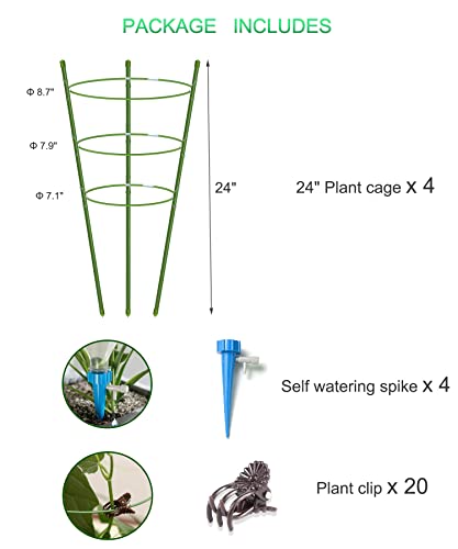 4 Pack Garden Plant Support Tomato Cage, Upgrade 24" Trellis for Climbing Plants, Plant Trellis Kits with 4 Self Watering Spikes and 20 Plant Clips (24")