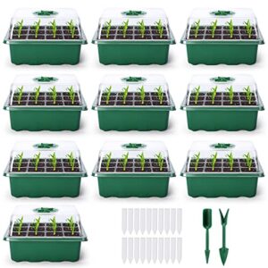 delxo 10-pack seed starter kit seedling starter tray (12 cells per tray) humidity adjustable plant germination kit garden seed starting tray with dome and green base plus plant tags hand tool kit