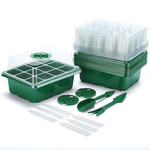 Delxo 10-Pack Seed Starter Kit Seedling Starter Tray (12 Cells per Tray) Humidity Adjustable Plant Germination Kit Garden Seed Starting Tray with Dome and Green Base Plus Plant Tags Hand Tool Kit