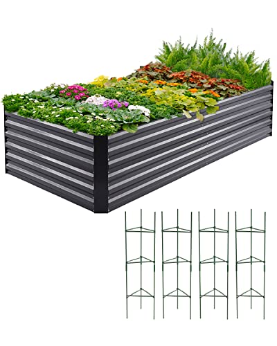 Quictent Galvanized Raised Garden Bed 8x4x2 Ft Tall Garden Bed Extra Height 22.04" Outdoor Heightened Planter Box for Deep Root Vegetables Herbs 4 Tomato Cages Weed Barrier Included Upgraded Wing Nuts