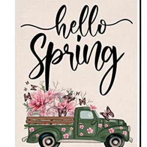 Sambosk Hello Spring Garden Flag 12x18 Vertical Double Sided Burlap Truck with Pink Flowers Butterfly Farmhouse Yard Outdoor Decoration