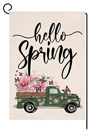 Sambosk Hello Spring Garden Flag 12x18 Vertical Double Sided Burlap Truck with Pink Flowers Butterfly Farmhouse Yard Outdoor Decoration