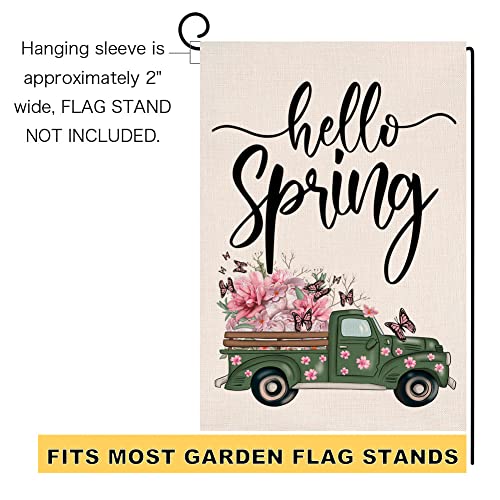 Sambosk Hello Spring Garden Flag 12x18 Vertical Double Sided Burlap Truck with Pink Flowers Butterfly Farmhouse Yard Outdoor Decoration