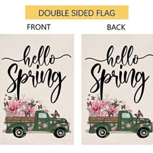 Sambosk Hello Spring Garden Flag 12x18 Vertical Double Sided Burlap Truck with Pink Flowers Butterfly Farmhouse Yard Outdoor Decoration