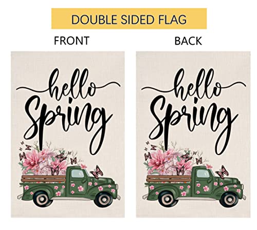 Sambosk Hello Spring Garden Flag 12x18 Vertical Double Sided Burlap Truck with Pink Flowers Butterfly Farmhouse Yard Outdoor Decoration