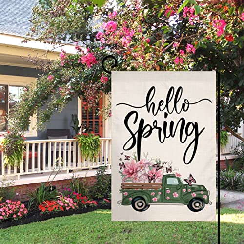 Sambosk Hello Spring Garden Flag 12x18 Vertical Double Sided Burlap Truck with Pink Flowers Butterfly Farmhouse Yard Outdoor Decoration