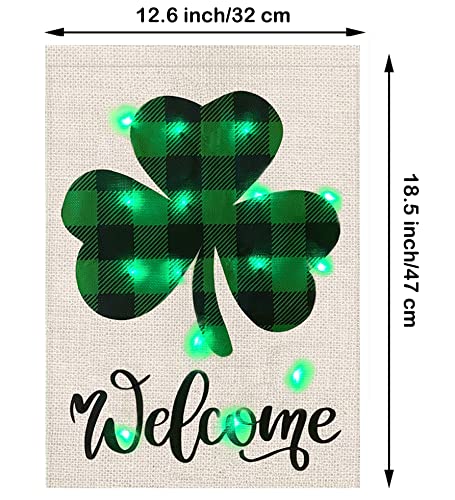 St Patricks Day Garden Flag Shamrock LED Lighted Welcome Buffalo Plaid Yard Outdoor Decoration Vertical Double Sized Burlap Spring Holiday Decor 12.5 x 18 Inch