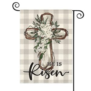 avoin colorlife he is risen easter garden flag 12×18 inch double sided outside, buffalo plaid lily cross yard outdoor decoration