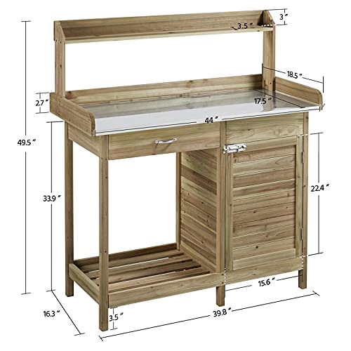 Yaheetech Outdoor Potting Bench Table, Garden Work Bench w/Metal Tabletop Work Station w/Cabinet Drawer, Open Top&Lower Shelf, Handy Hooks, ACQ Lumber Wood, Light Green