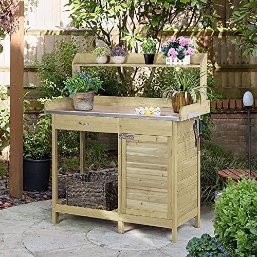 Yaheetech Outdoor Potting Bench Table, Garden Work Bench w/Metal Tabletop Work Station w/Cabinet Drawer, Open Top&Lower Shelf, Handy Hooks, ACQ Lumber Wood, Light Green