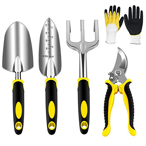 AGAKY Garden Tool Set 5 Piece Aluminum Gardening Tools Kit with Gloves, Pruning Shear, Rake, Shovel & Trowel Heavy Duty Indoor and Outdoor Hand Planting Kit Gardening Gifts for Women & Men, Yellow