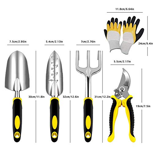 AGAKY Garden Tool Set 5 Piece Aluminum Gardening Tools Kit with Gloves, Pruning Shear, Rake, Shovel & Trowel Heavy Duty Indoor and Outdoor Hand Planting Kit Gardening Gifts for Women & Men, Yellow