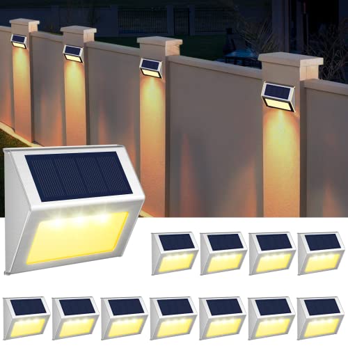 JSOT Solar Fence Lights Outdoor,12 Pack Waterproof Solar Deck Lights Stainless Steel Step Stairs Patio Post Wall Garden Pathway Walkway LED Lamp Light [Warm Light]