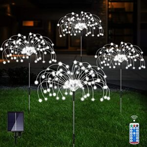 unihoh solar garden lights outdoor, 4 pack firework lights 120 led waterproof garden fireworks lamp decorative string lights 8 modes with remote diy outdoor decor for pathway walkway yard(cool white)